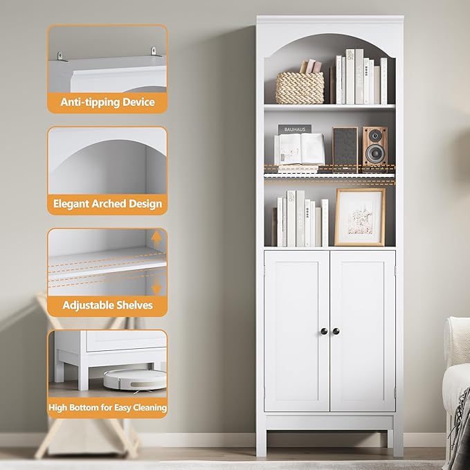 Bookshelf with Doors, Floor Standing Display Storage Cabinet