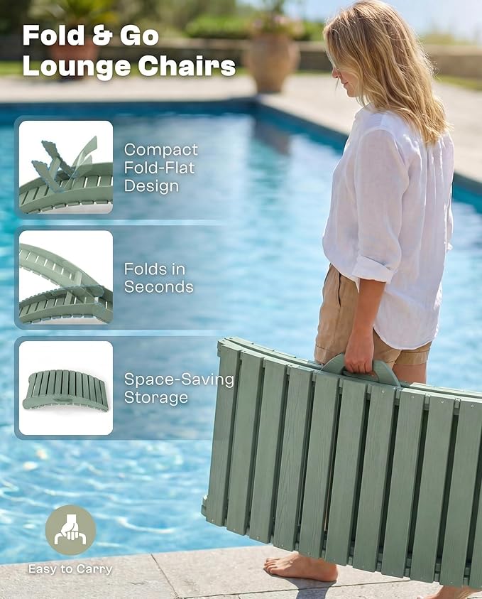Folding HDPE Pool Lounge Chairs Set of 6, Pre-Assembled Outdoor Chaise Lounge