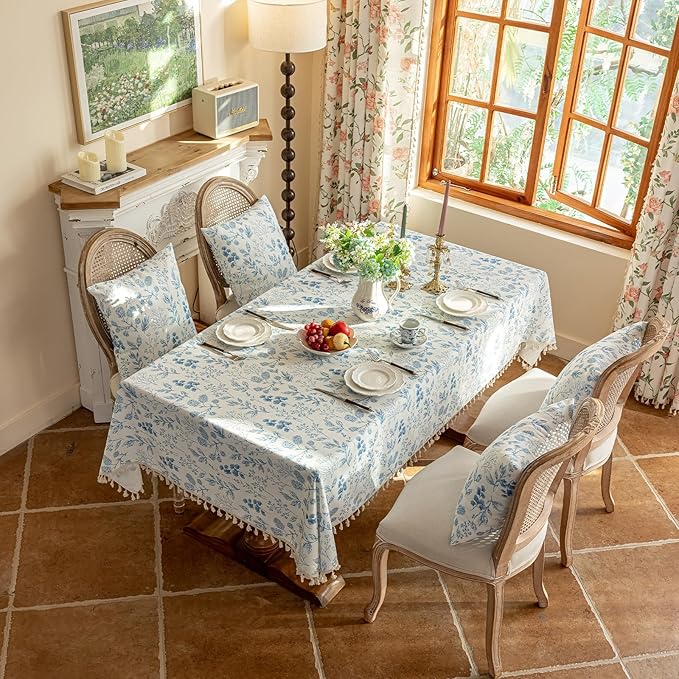 VClife Table Cloth Blue and White Table Cloth Rectangle Tablecloth Rustic
