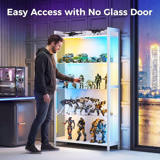 AODK Display Case with LED Lights, Display Cabinet with Glass Storage Shelves