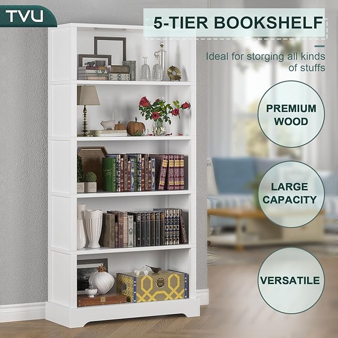 TVU 5-Tier Wooden Book shelf, Floor-Standing Display Bookcase, Farmhouse Style