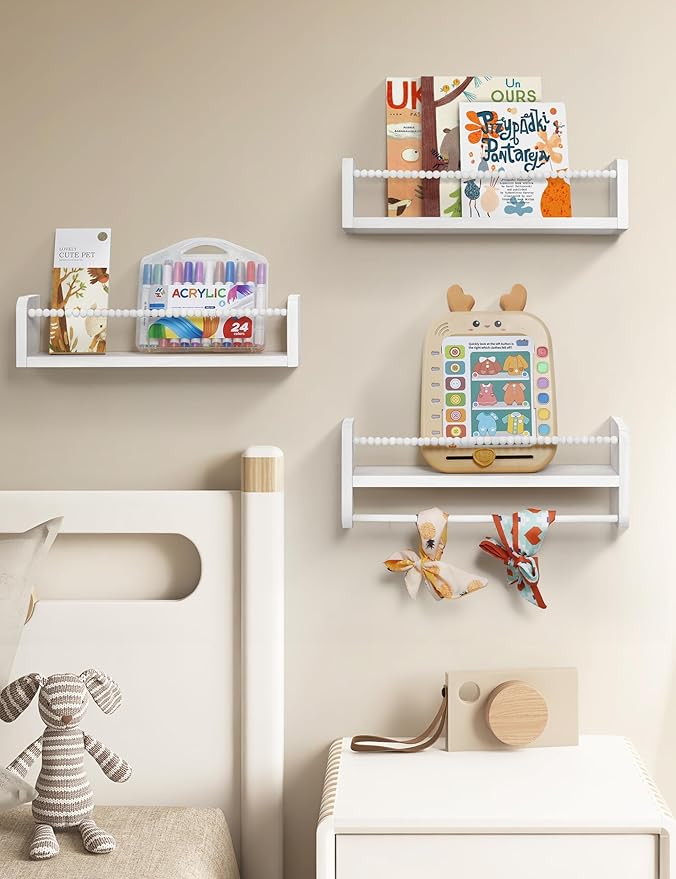 Maxpeuvon Nursery Bookshelves Set of 3, Natural Wood Nursery Floating Shelves