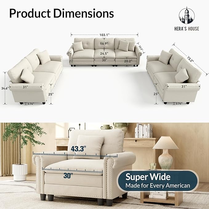 HERA'S HOUSE 3 Pieces Modular Sectional Sofa Sets, Oversized Couch Set