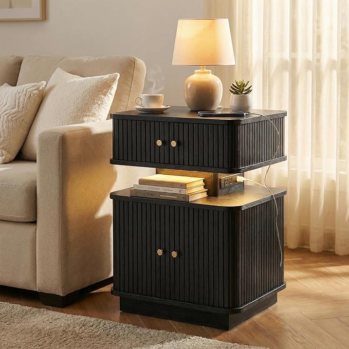 Black Nightstand with Charging Station and LED Light, Fluted Bedside Table with