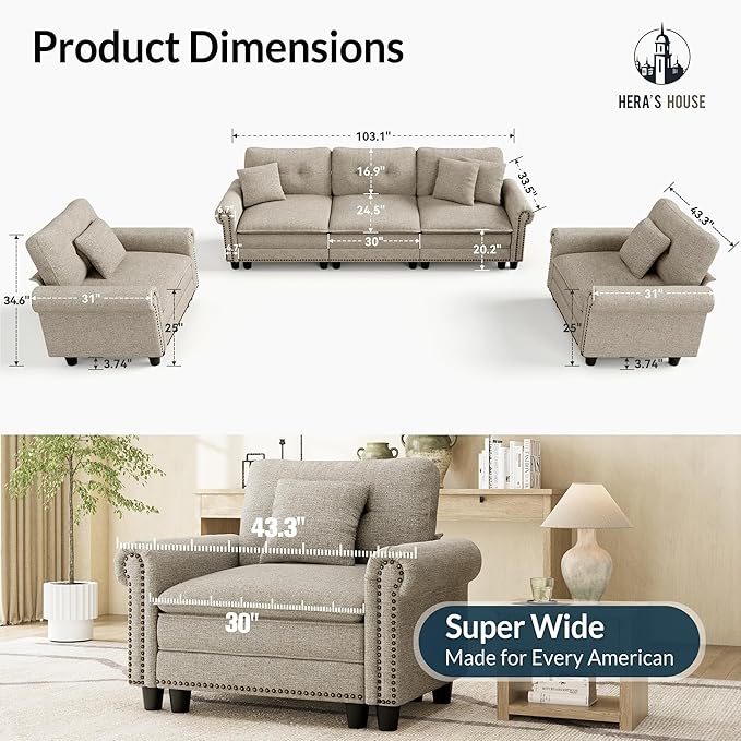 HERA'S HOUSE 3 Pieces Modular Sectional Sofa Sets, Oversized Couch Set