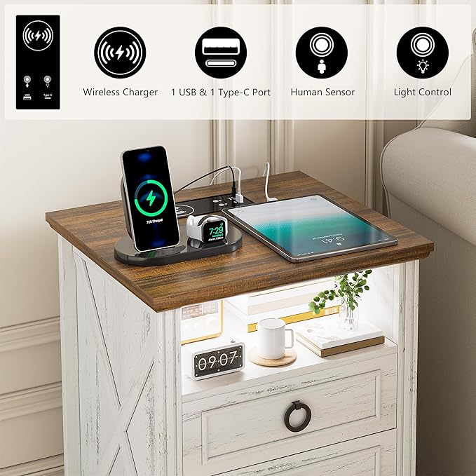 Nightstand with Charging Station, Farmhouse End Side Table with 3 Drawers and