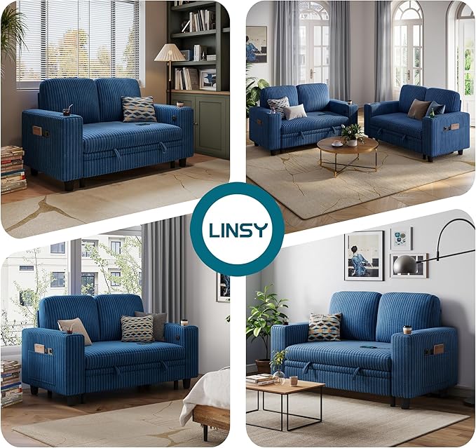 LINSY HOME Loveseat Sofa with Pull Out Couch Chaise: 2-in-1 Convertible 2