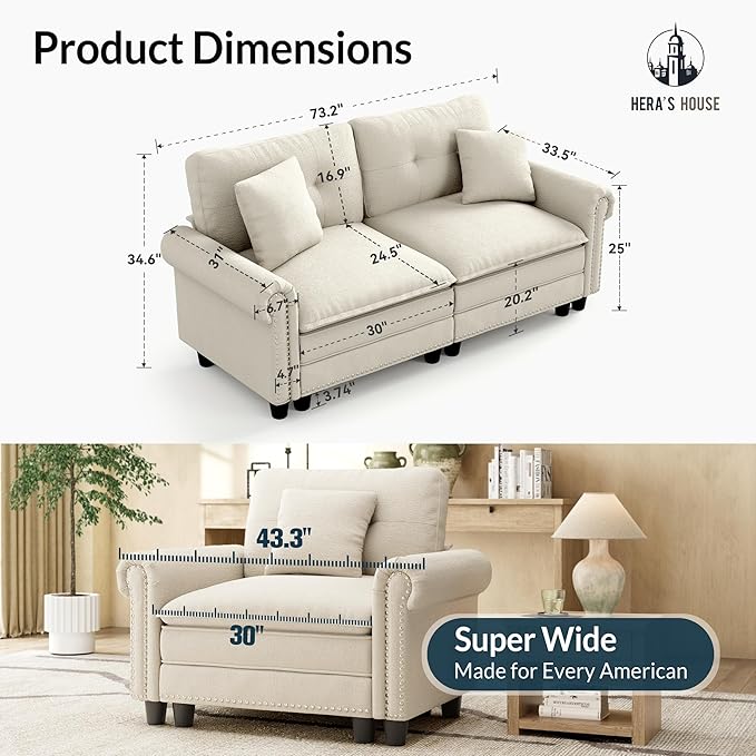 HERA'S HOUSE 73.2" Mid-Century Modern Loveseat, Oversized Sectional Couch