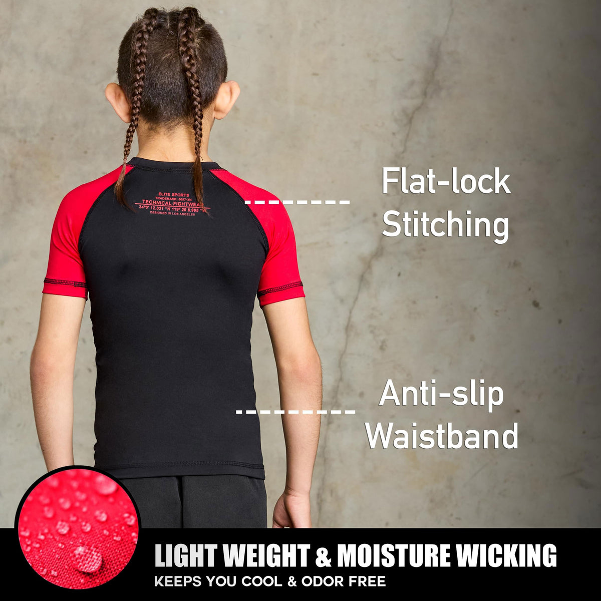 Elite Sports Kids Jiu Jitsu BJJ Rash Guard, Short Half Sleeve Compression Shirt for Youth Boys Girls Sports Nogi Training Red