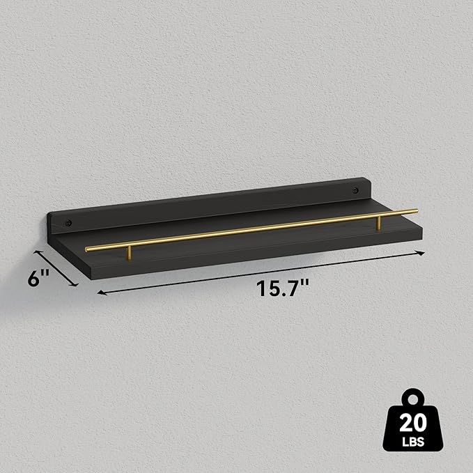 WOPITUES Floating Shelves with Gold Metal Guardrail, Shelves
