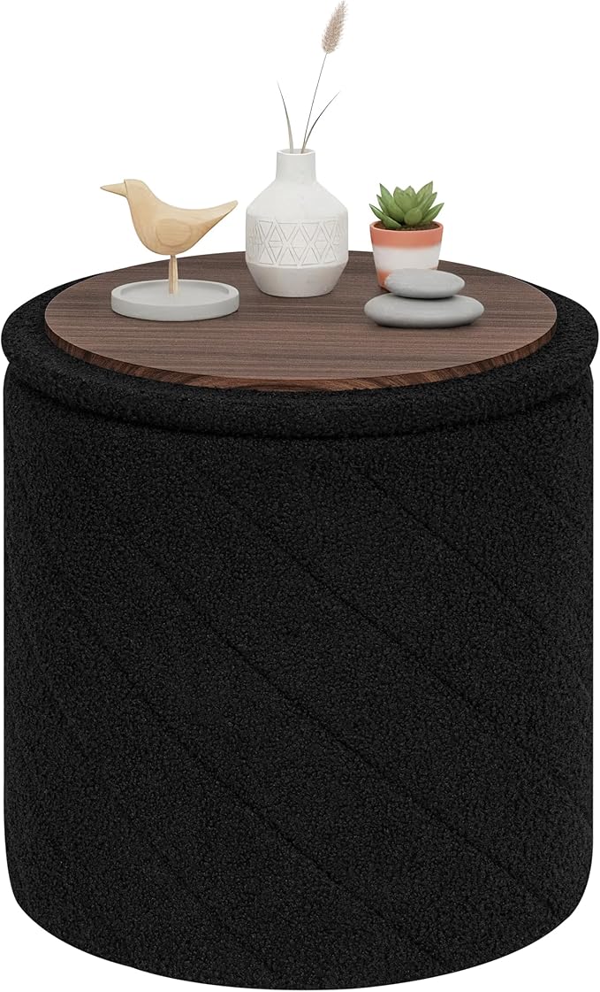 PINPLUS Ottoman with Stroage Round Boucle Ottoman and Tray Sherpa Removable