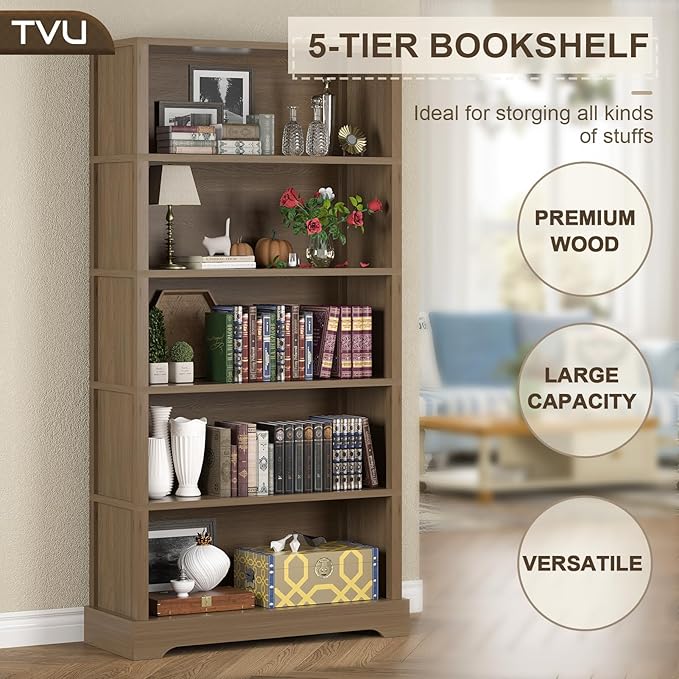 TVU 5-Tier Wooden Bookshelf, 31.5" W Standing Book Shelf