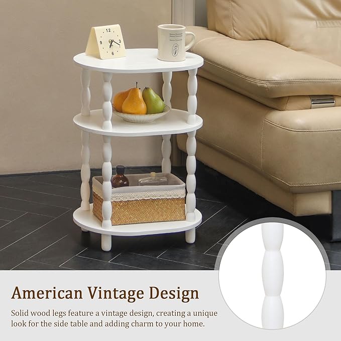 MaxSmeo White Side Table with Charging Station, 3-Tier Small Oval End Table