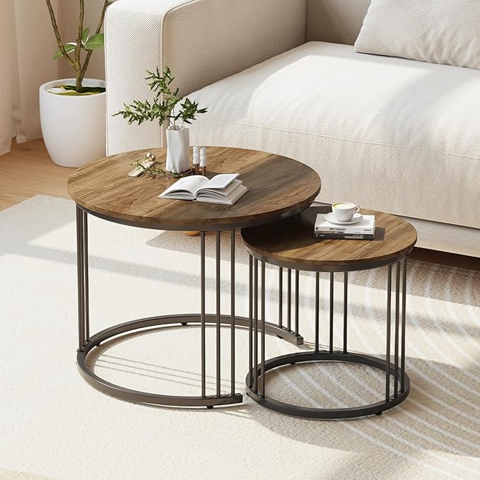 Garden 4 you Nesting Coffee Table, 23.6" Round Coffee Table Set of 2, Wooden