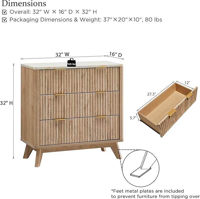 T4TREAM Fluted 3 Drawers Nightstand Set of 2, Oversized Extra Large Modern Side