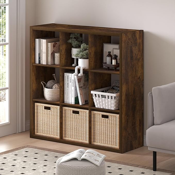 Furinno Cubicle Book Shelf, 9-Cube Bookshelf, Extra Thick Frame Reversible