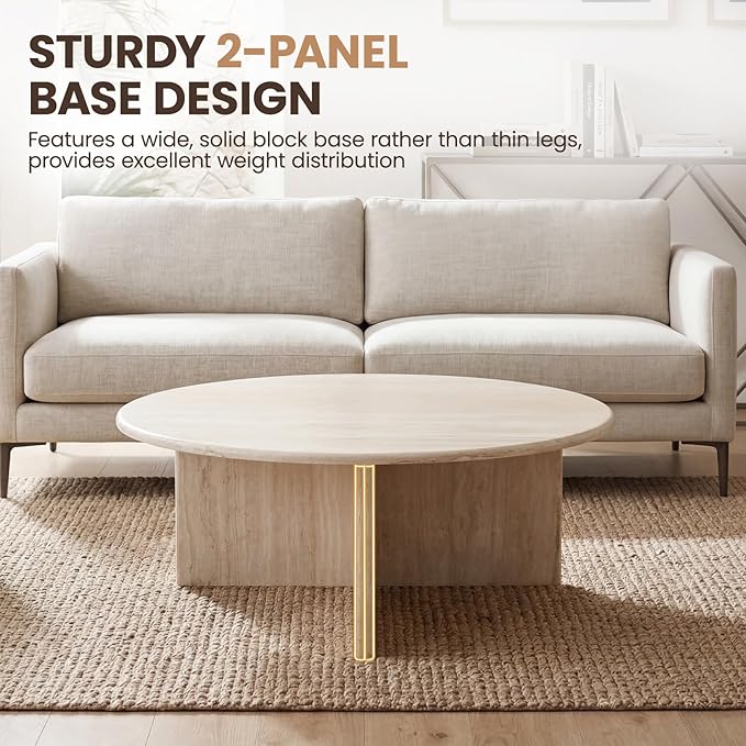 HNY Modern Round Coffee Table Marble Veneer Wood Center Table 31.5" Faux