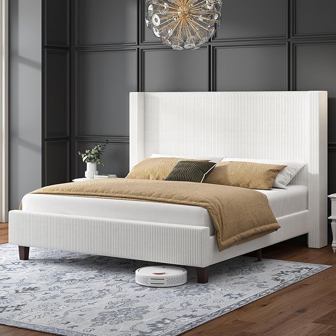 HOWE Queen Size Bed Frame with 50.8" Tall Wingback Headboard, Modern Corduroy