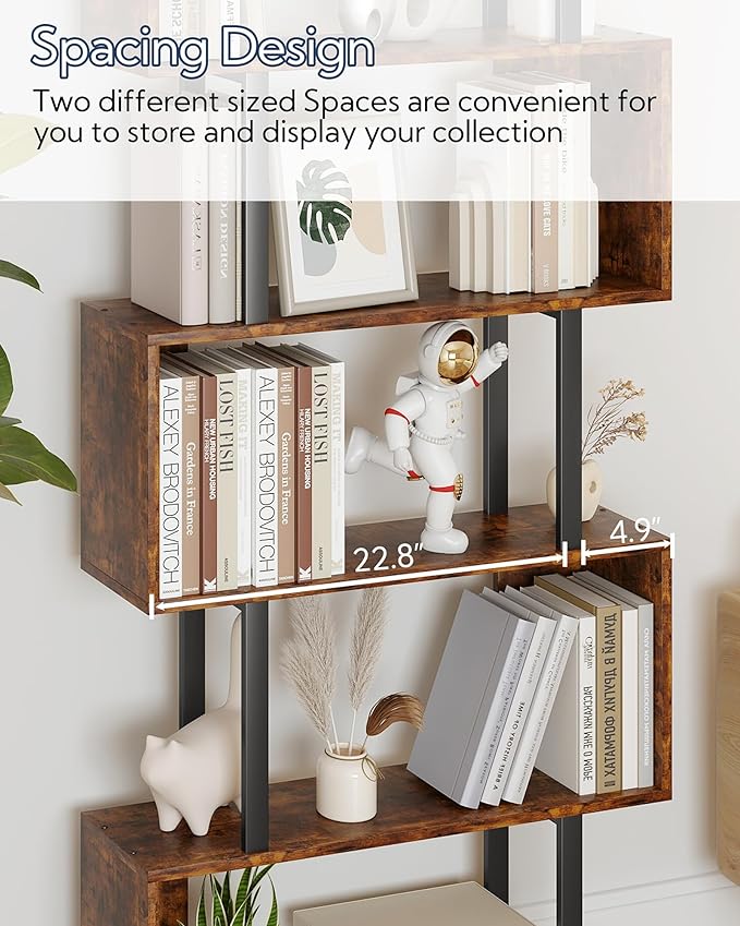 Yusong Geometric Bookcase, S Shaped Bookshelf 6-Tier Book Shelves