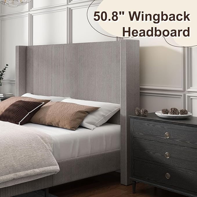 HOWE Queen Size Bed Frame with 50.8" Tall Wingback Headboard, Modern Corduroy