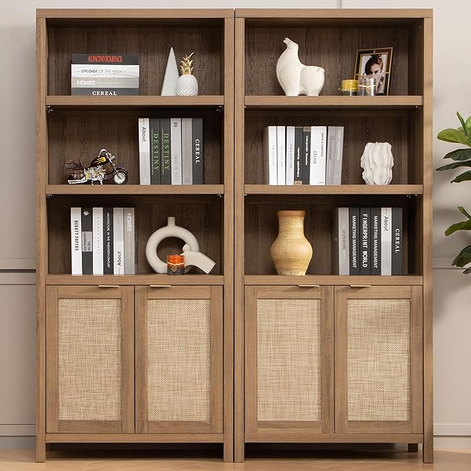 SICOTAS Bookcase 71" Tall Bookshelf 5 Tier Rattan Boho Bookcase