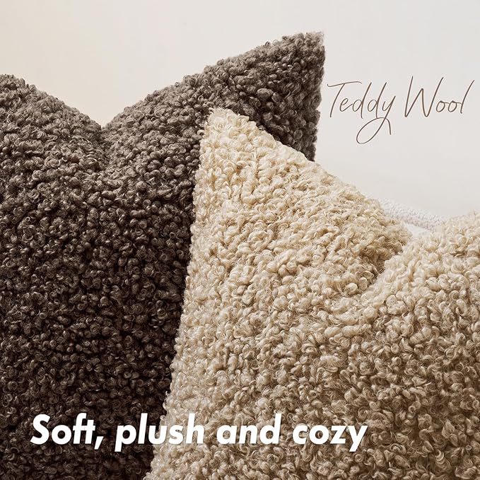 Faux Fur Throw Pillow Covers 24x24 Inch Set of 2 Boucle Neutral Decorative