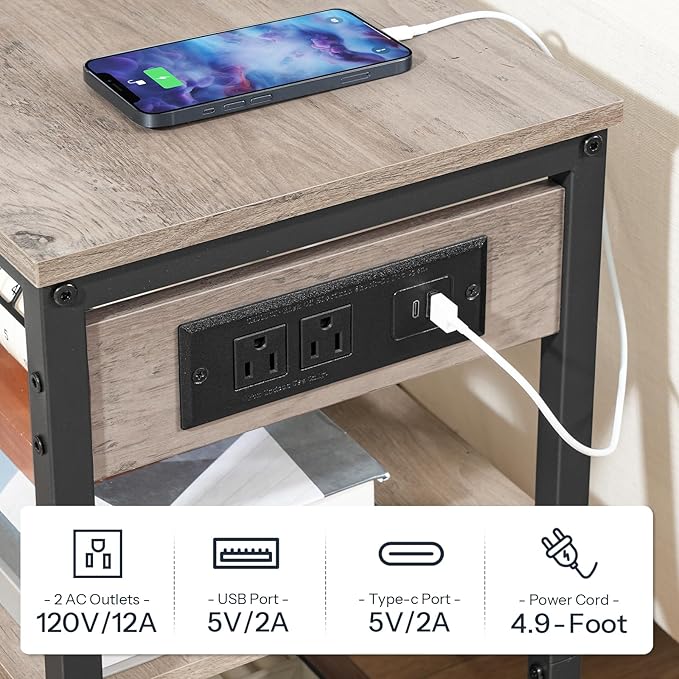 HOOBRO End Table with Charging Station, Simple Rustic Side Table with 3-Tier