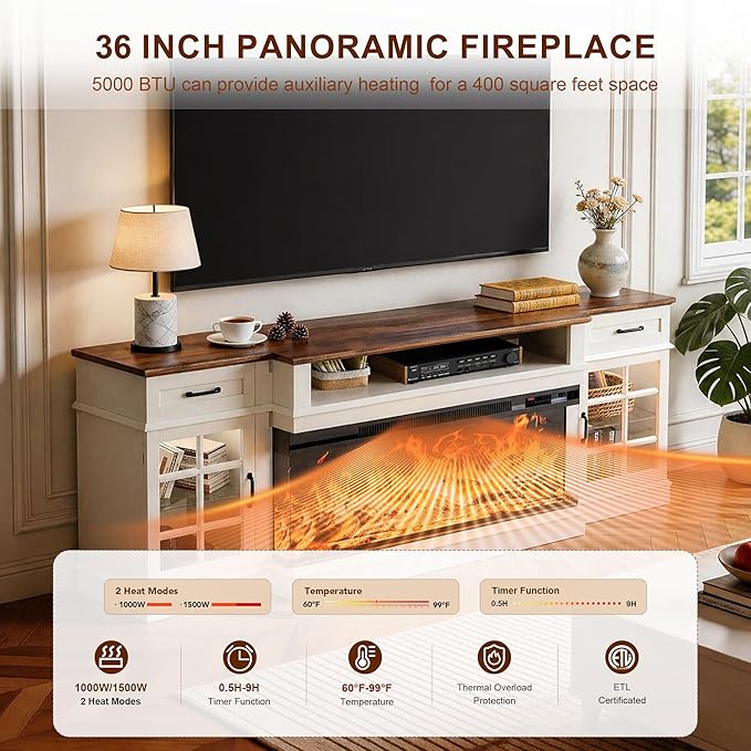 MXV 80" Fireplace TV Stand, 3-Sided Glass Fireplace and Modern Entertainment
