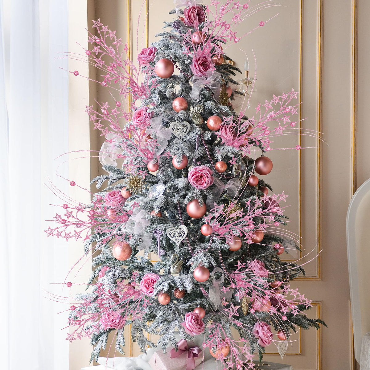 Simgoing 24 Pcs Artificial Christmas Berry Stem Picks Star Picks Faux Floral Berry Spray Branches Christmas Table Centerpiece Home Office Vase Filler Decoration (Pink)