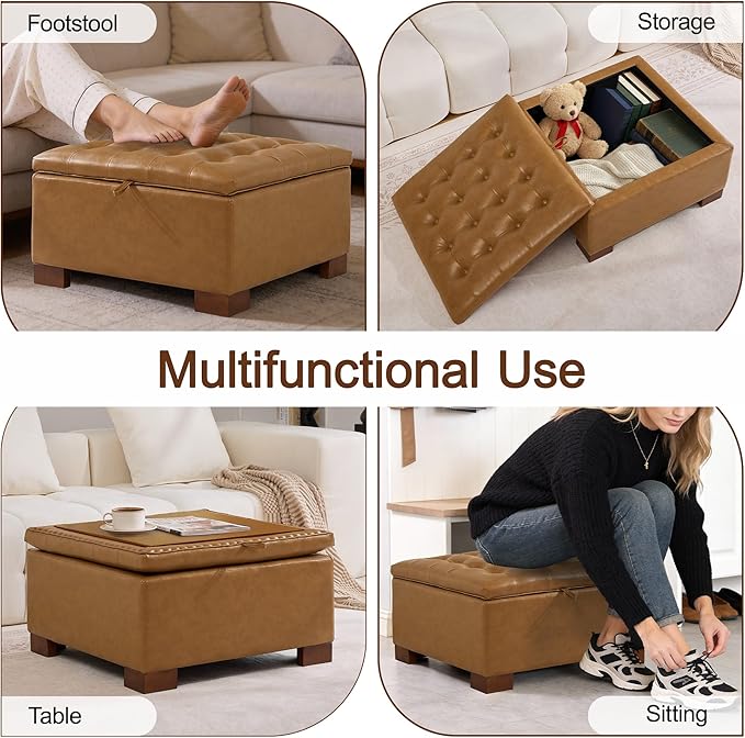 WUTUTUEE 30" Faux Leather Square Storage Ottoman