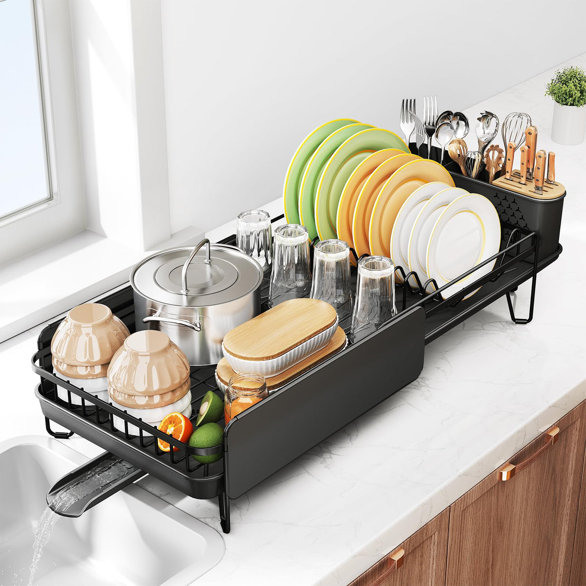 SNTD Dish Drying Rack - Large Dish Racks for Kitchen Counter, Expandable Dish Drainers with Cutlery Holder Stainless Steel Rustproof, Black