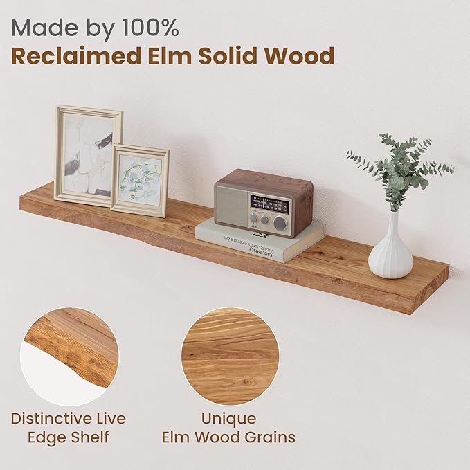 Floating Shelves for Wall Decor, Rustic Solid Elm Wood Live Edge Floating