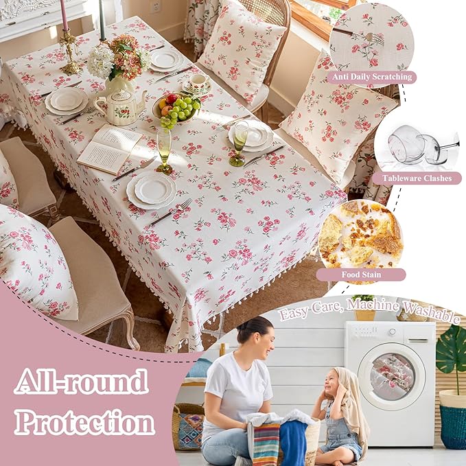 VClife White and Pink Print Table Cloth, Linen Texture Tablecloth