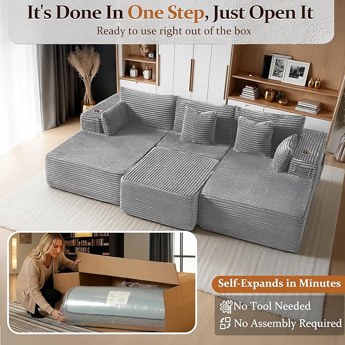108" Cloud Sectional Couch, Comfort Sleep Sofa