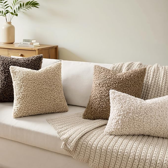 Faux Fur Throw Pillow Covers 24x24 Inch Set of 2 Euro Boucle Neutral Decorative
