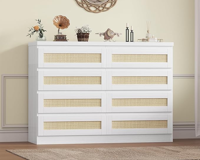 47 Inch Rattan 8 Drawer Dresser, Modern Farmhouse Chest of Drawers, Tv Stand