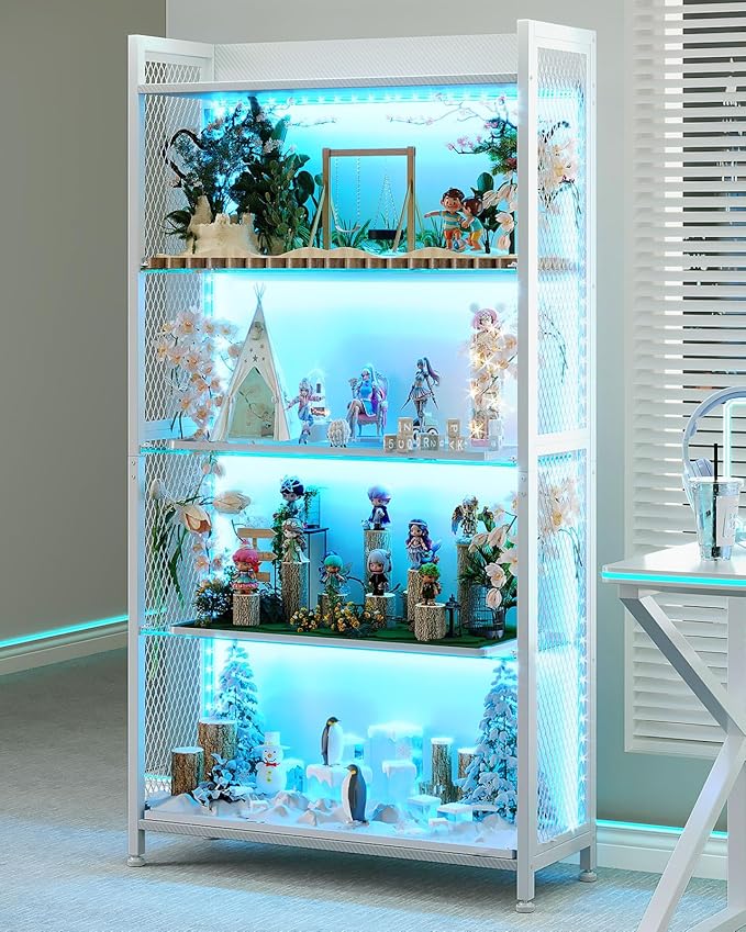 AODK Display Case with LED Lights, Display Cabinet with Glass Storage Shelves