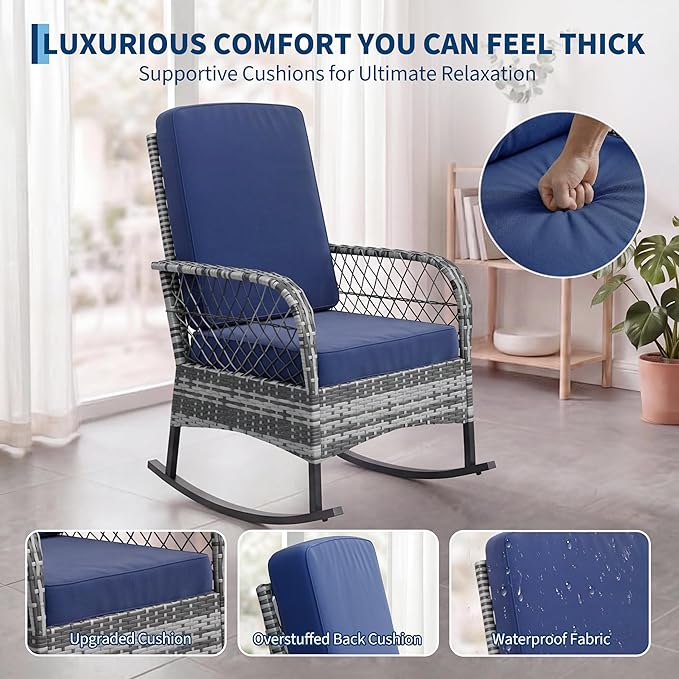 GarveeHome 3-Piece Outdoor Rocking Chair Set, Wicker Rattan Patio Furniture