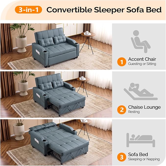 VINGLI Convertible Loveseat Sleeper Sofa, Cup Holders, Armrest