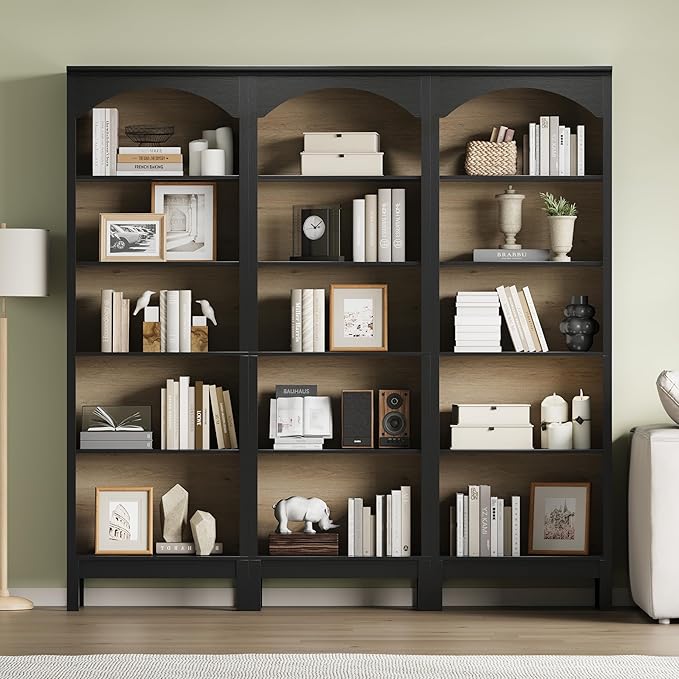 Arched Set of 2 Bookshelf with 5 Tier Open Shelves, Living Room, Modern Black