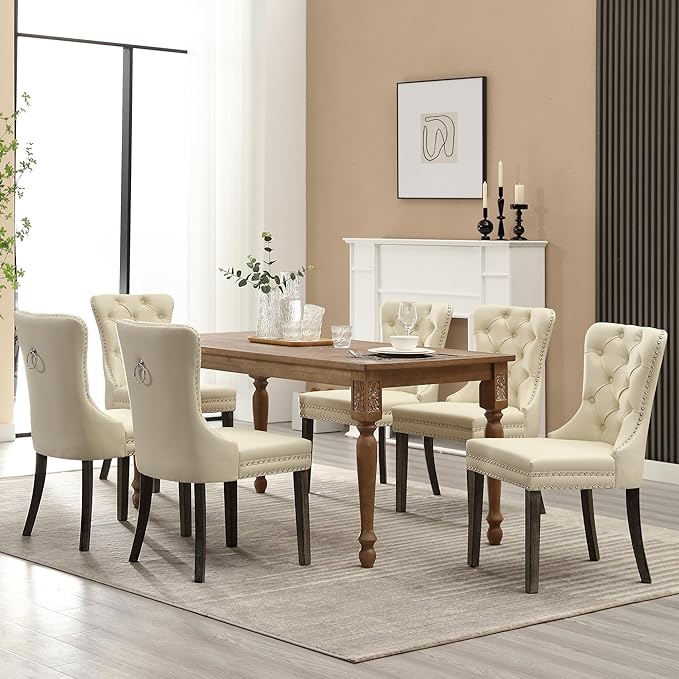 KCC Faux Leather Dining Chairs Set of 6, Upholstered High-end Tufted Dining