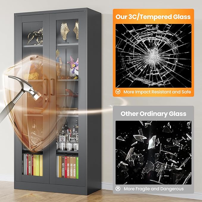 Locking Display Cabinet with Glass Door, 71”H Metal Curio Cabinets with
