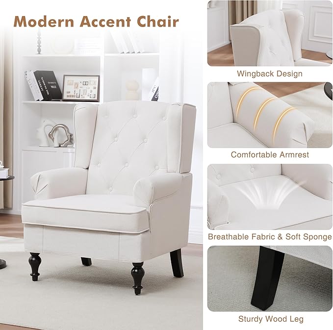Accent Chair Set of 2, Mid Century Modern Fabric Wingback Chair, Upholstered