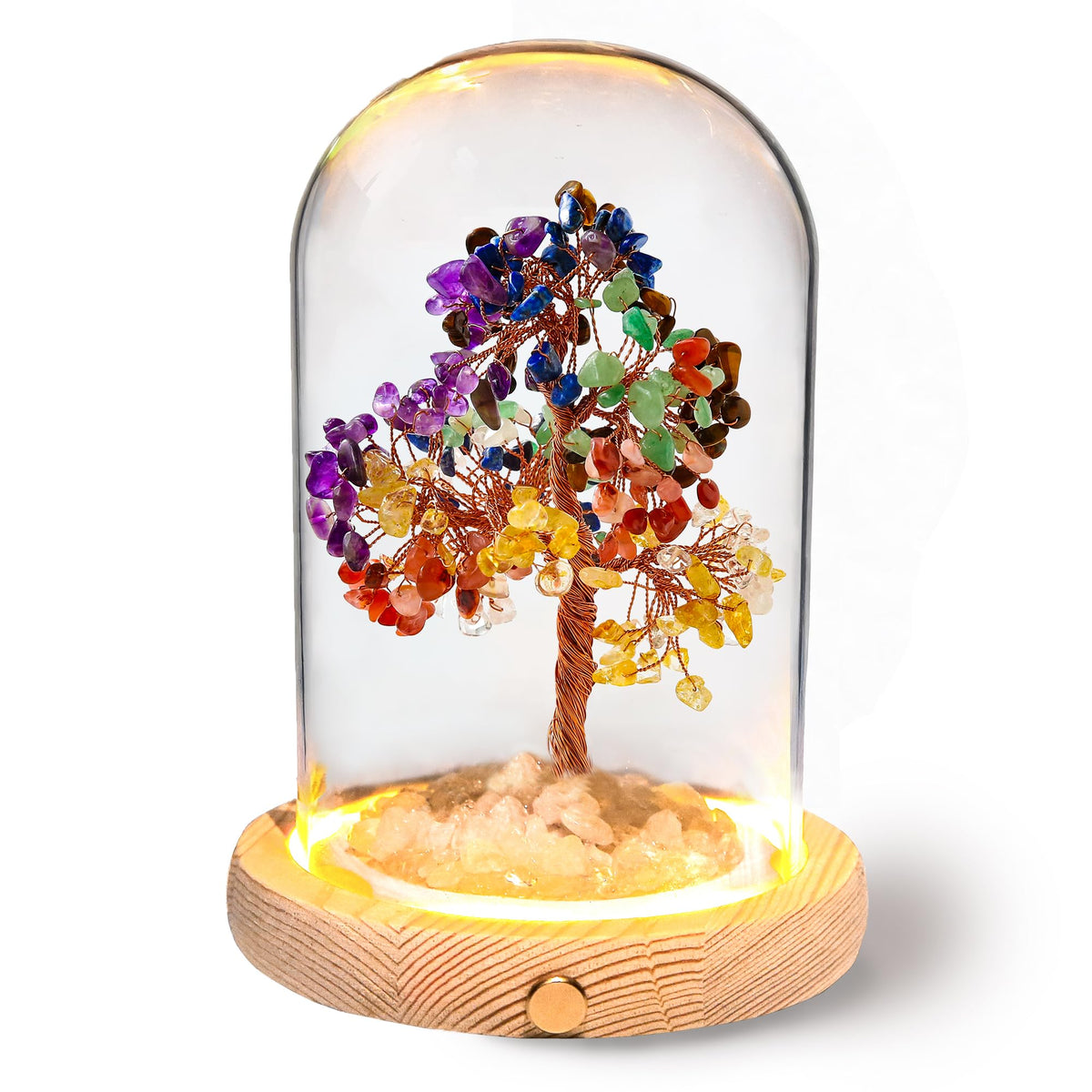 JLDTOP 7 Chakra Crystal Tree LED Night Light Glass Dome Healing Desk Decor