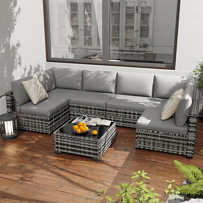 KIGOTY Patio Furniture Set, 7 Pieces Modular Outdoor Sectional Sofa, PE Rattan