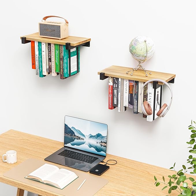 NANATI 2 Set of Floating Bookshelf, Pine Wood Invisible Bookshelf, Hanging