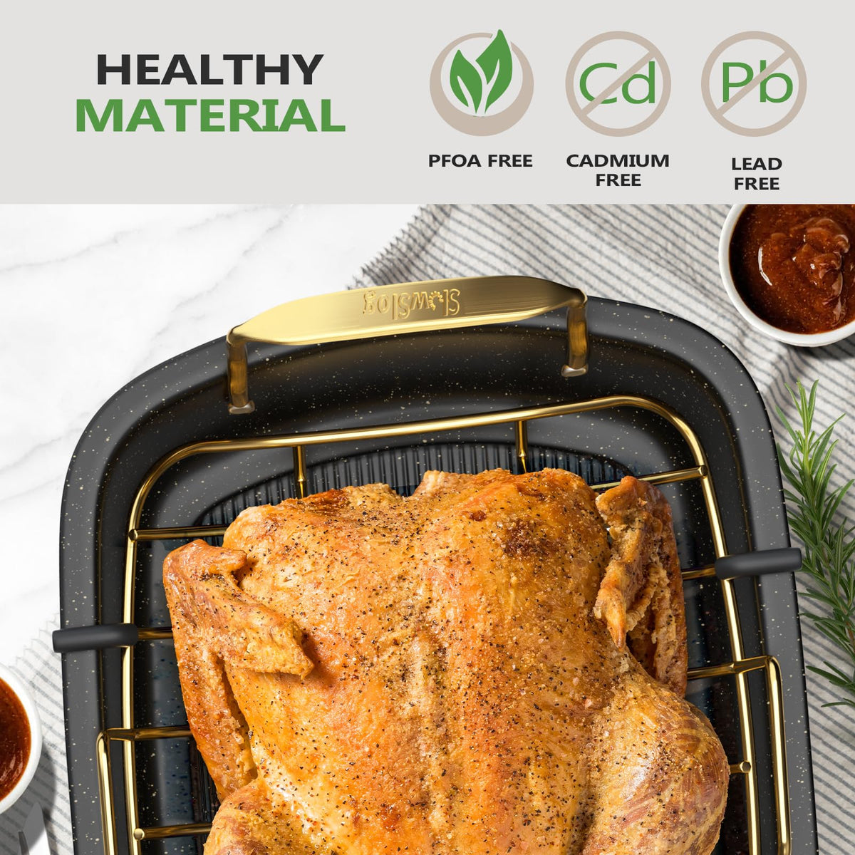 Slow Slog Roasting Pan, 17 Inch x 13 Inch Roaster with Removable Rack, Nonstick Roaster Pan for Roasting Turkey, Meat & Vegetables (Gold)