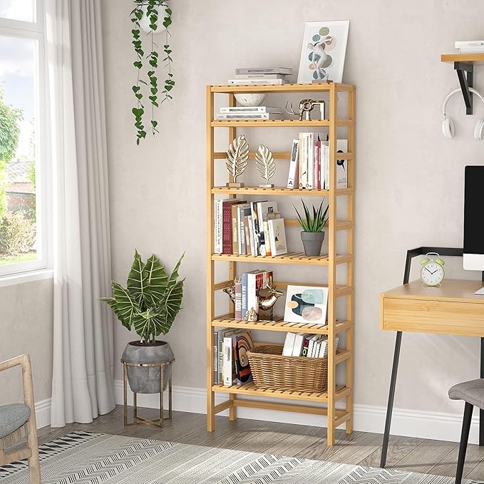 Homykic 6-Tier Bamboo Bookshelves and Bookcases, Adjustable 63.4”Tall Shallow