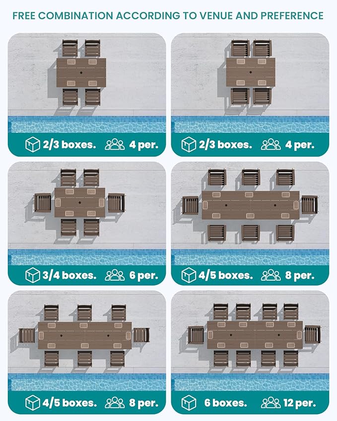SERWALL HDPE Dining Set for 8: 2 Umbrella Hole Tables + 8 Chairs. Includes 8