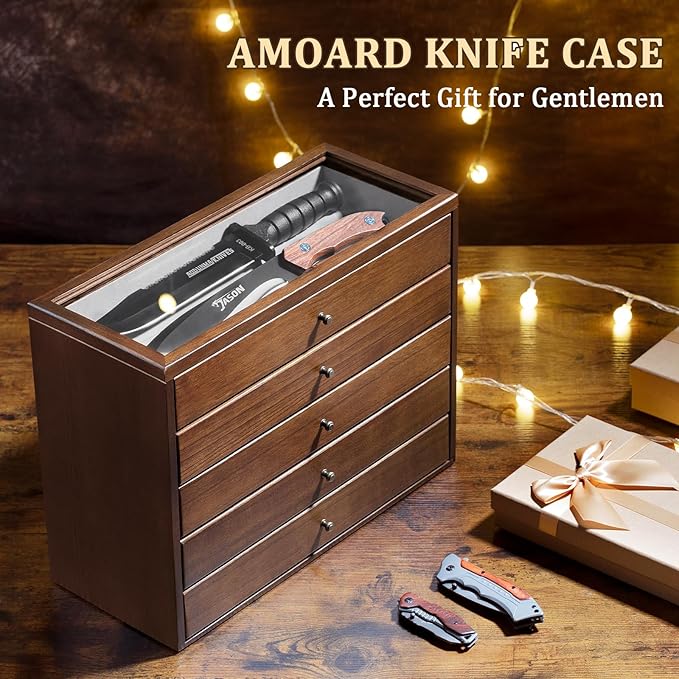 5-Tier Large Knife Display Case & Organizer, Wooden Pocket Knife Storage Box